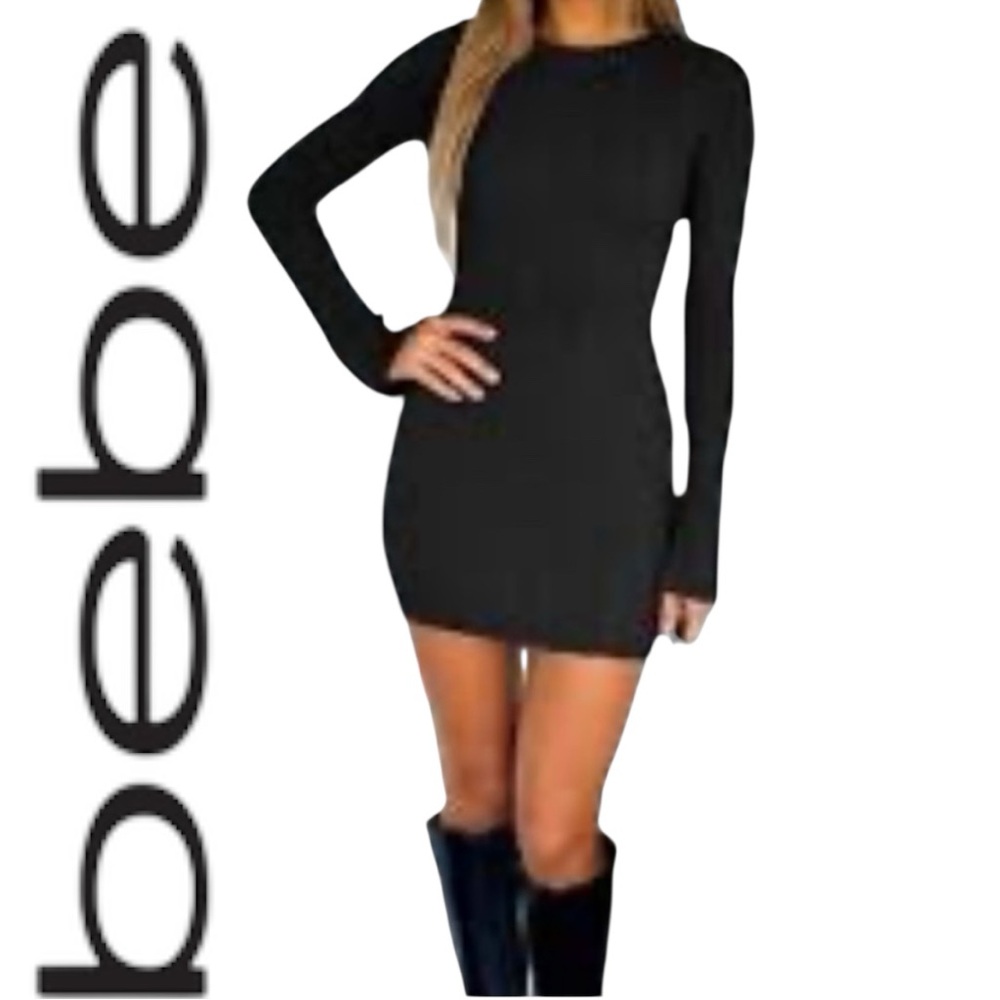 Bebe EUC bodycon Black Long Sleeve Dress mini sz M edgy goth